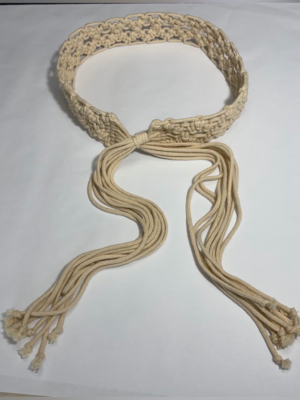 Vintage Macrame Tie Belt Cream Off White Cotton Woven Tassel Fringe Boho 70s